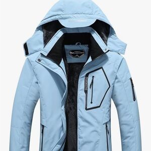Light Blue Ski Jacket with Hood and Weather Resistant Fabric
